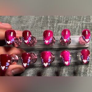 Pink Cat Eye w/ Hearts Handmade Press On Nail